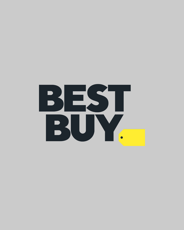 Logo Best Buy avec une étiquette jaune sur un fond gris
