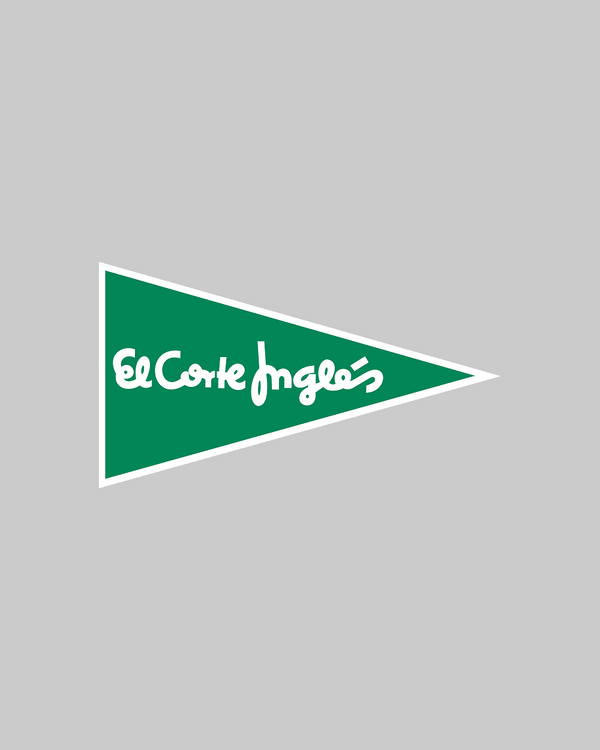 Logo verde a forma di triangolo con testo 'El Corte Inglés' su sfondo grigio