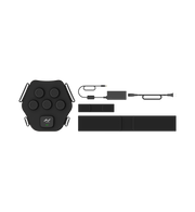 Black electronic device with buttons, a cable, and a strap on a white background