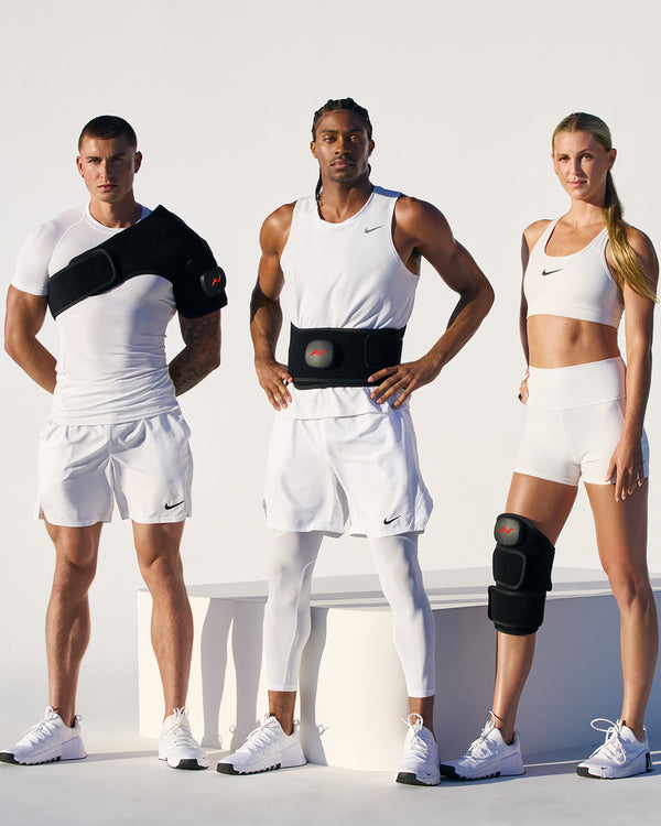 Three athletes wearing Nike sports attire, eaching wearing either a Venom 2 Shoulder, a Venom 2 Leg, or a Venom 2 Back on a white background
