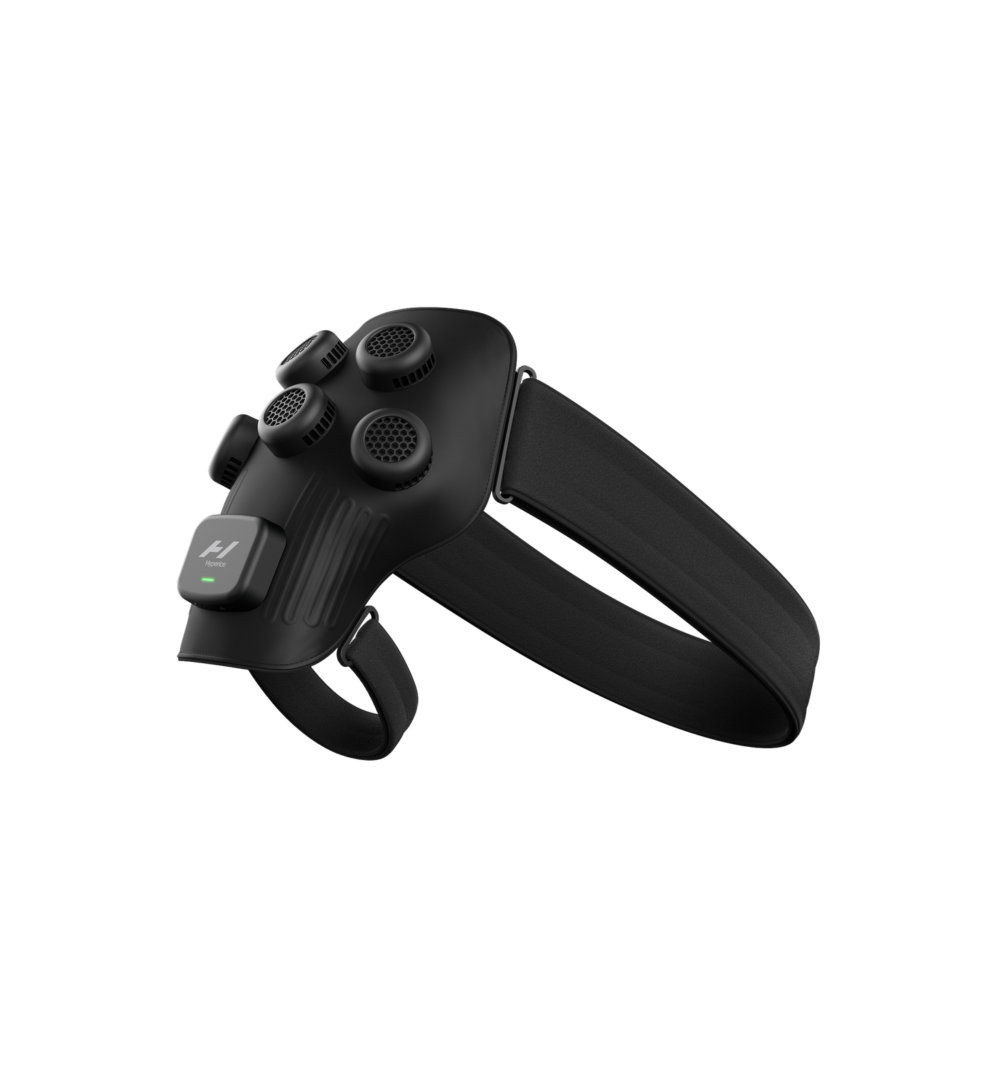 Black electronic device with a headband-like design on a white background