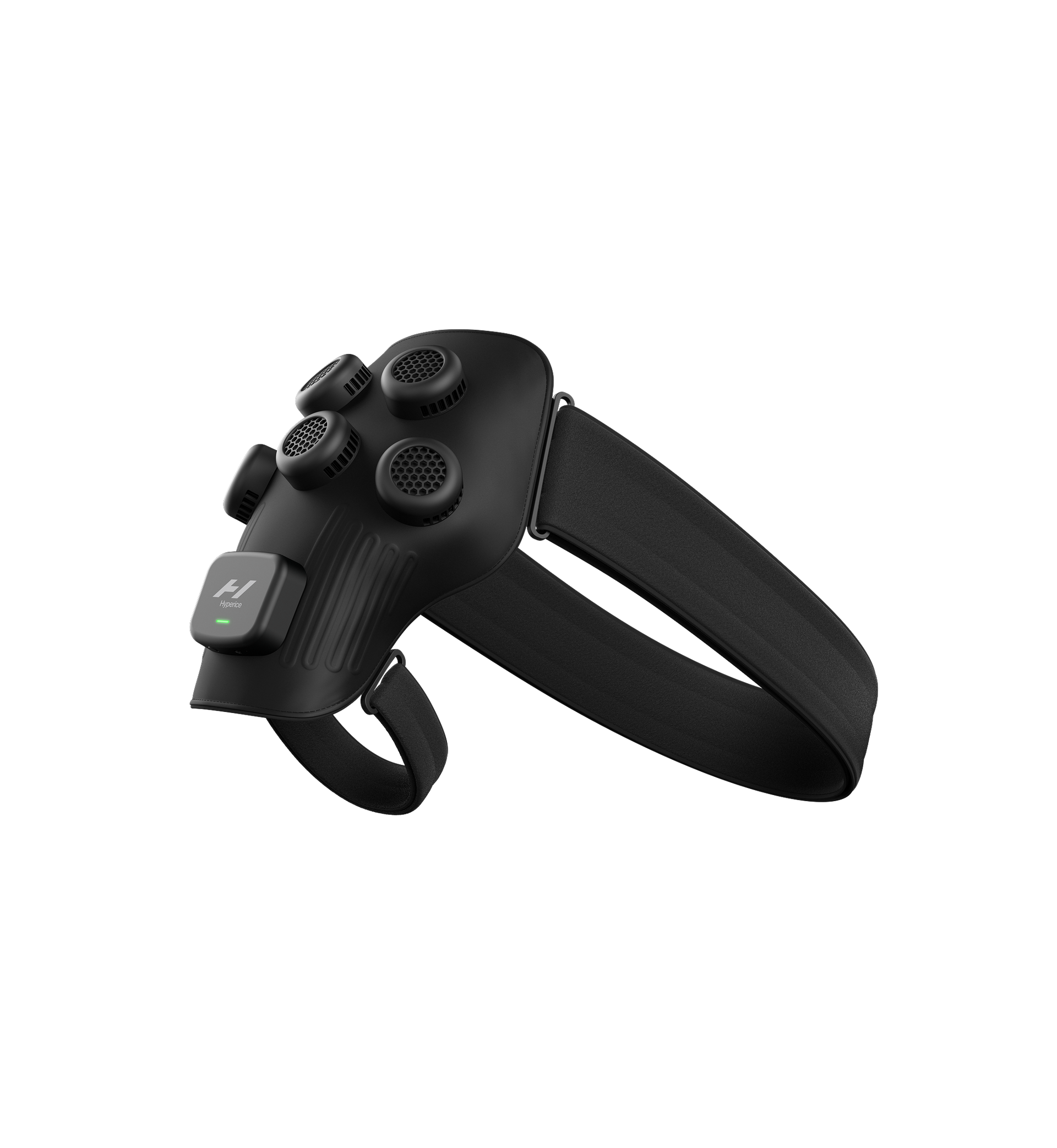 Black electronic device with a headband-like design on a white background