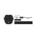Black electronic device with buttons, a cable, and a strap on a white background