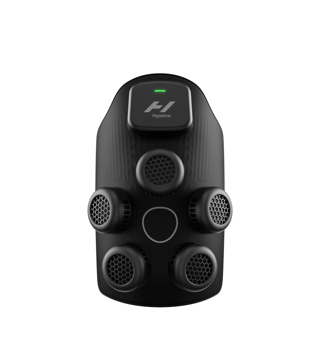 Black Hyperice X device with multiple ports on a white background