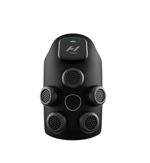 Black Hyperice X device with multiple ports on a white background