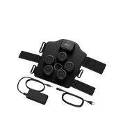 Black electronic device with straps and connectors on a white background