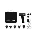 render of the Hypervolt 3 Pro set with attachments, carry case, charging cords, and international plug adapters on a transparent background