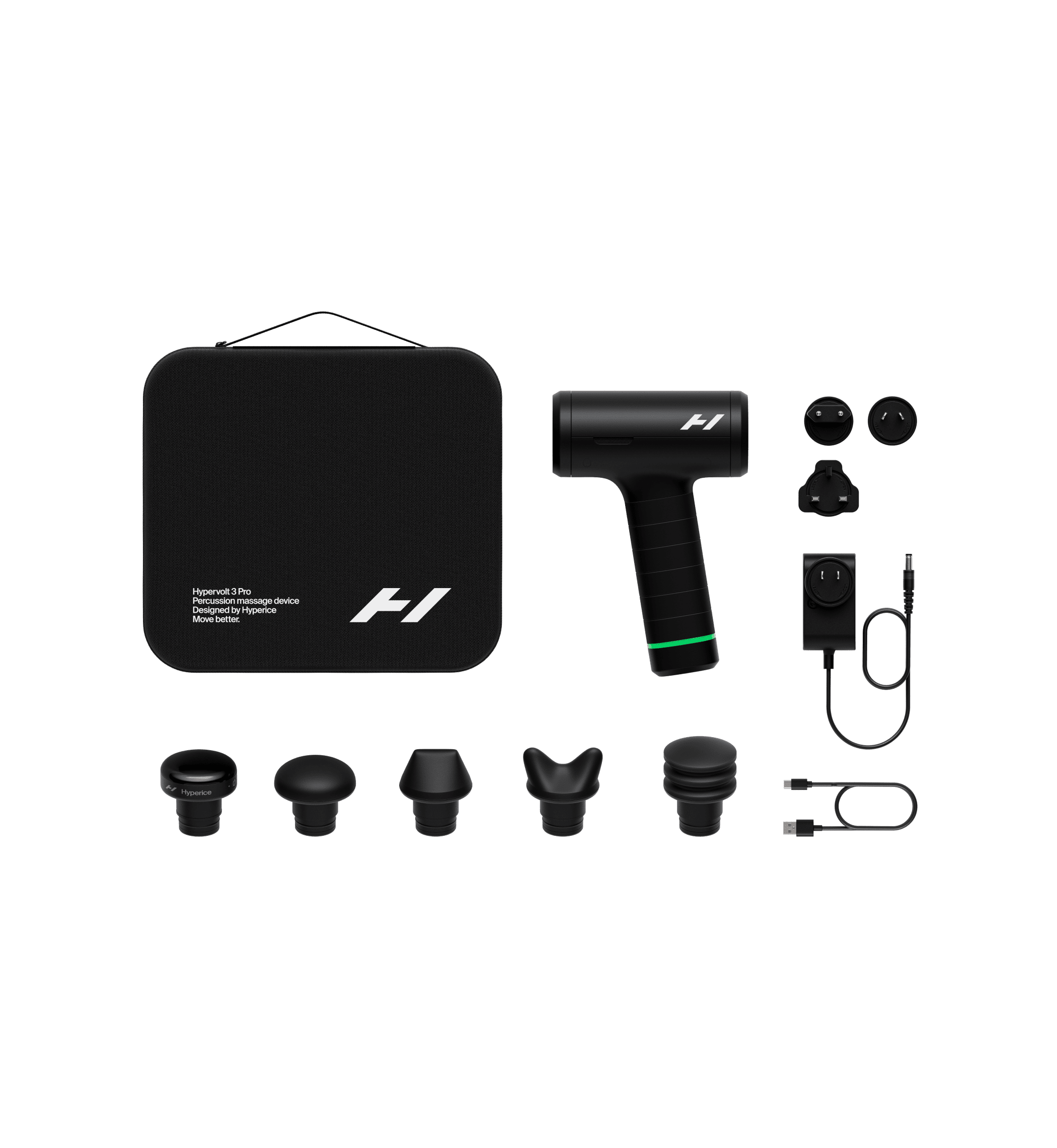 render of the Hypervolt 3 Pro set with attachments, carry case, charging cords, and international plug adapters on a transparent background