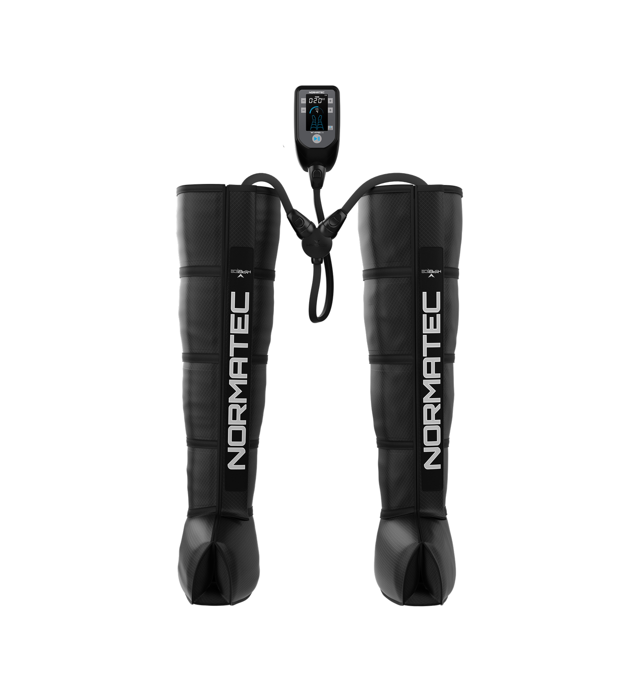 Normatec 2 compression boots with control device on a white background