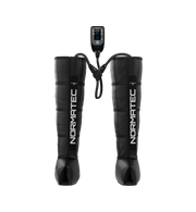 Normatec 2 compression boots with control device on a white background