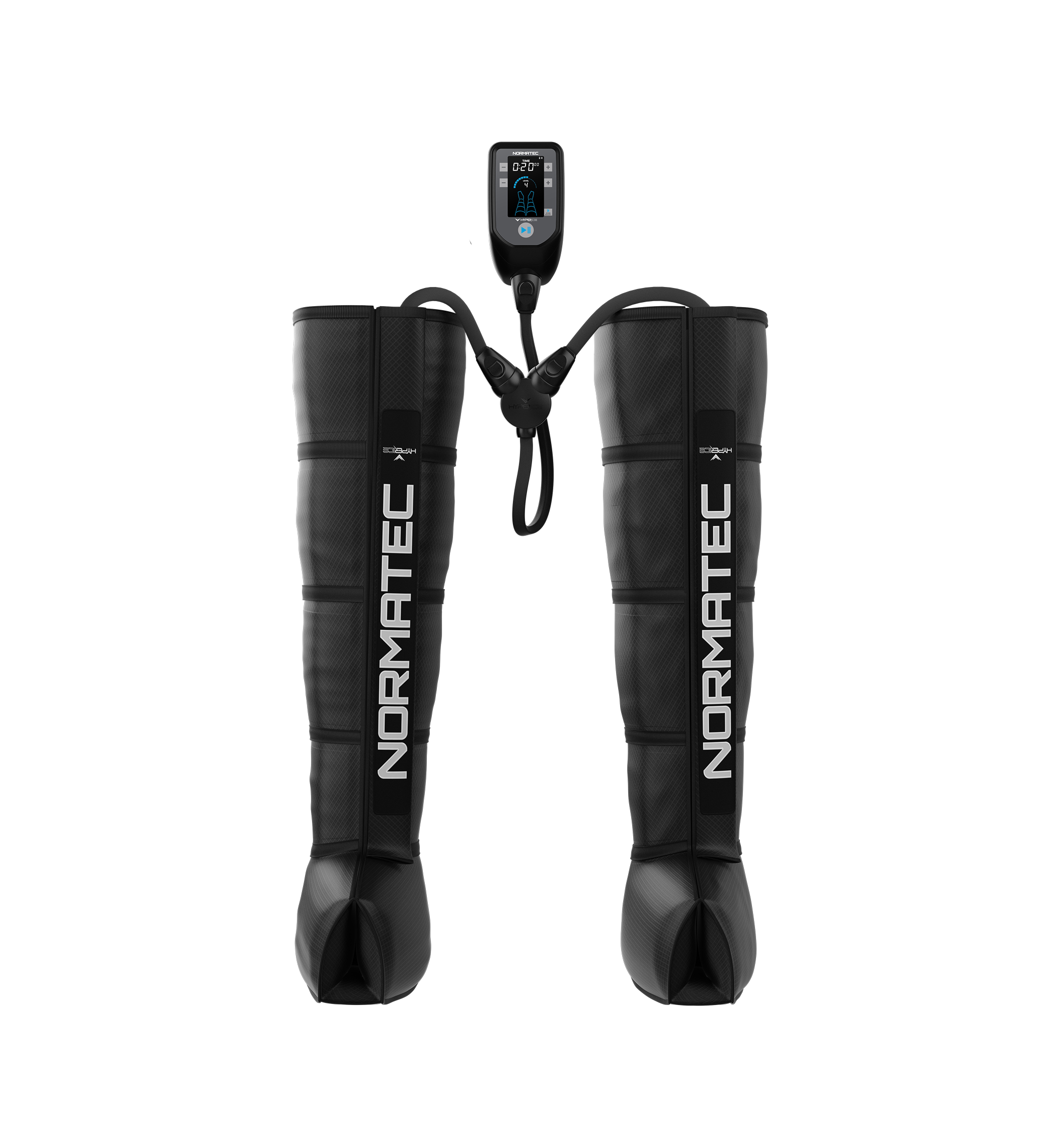 Normatec 2 compression boots with control device on a white background
