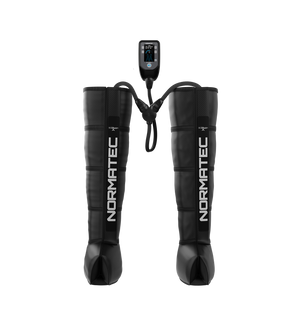 Normatec 2 compression boots with control device on a white background