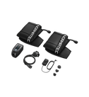 Black Normatec 2 leg device with various attachments on a white background
