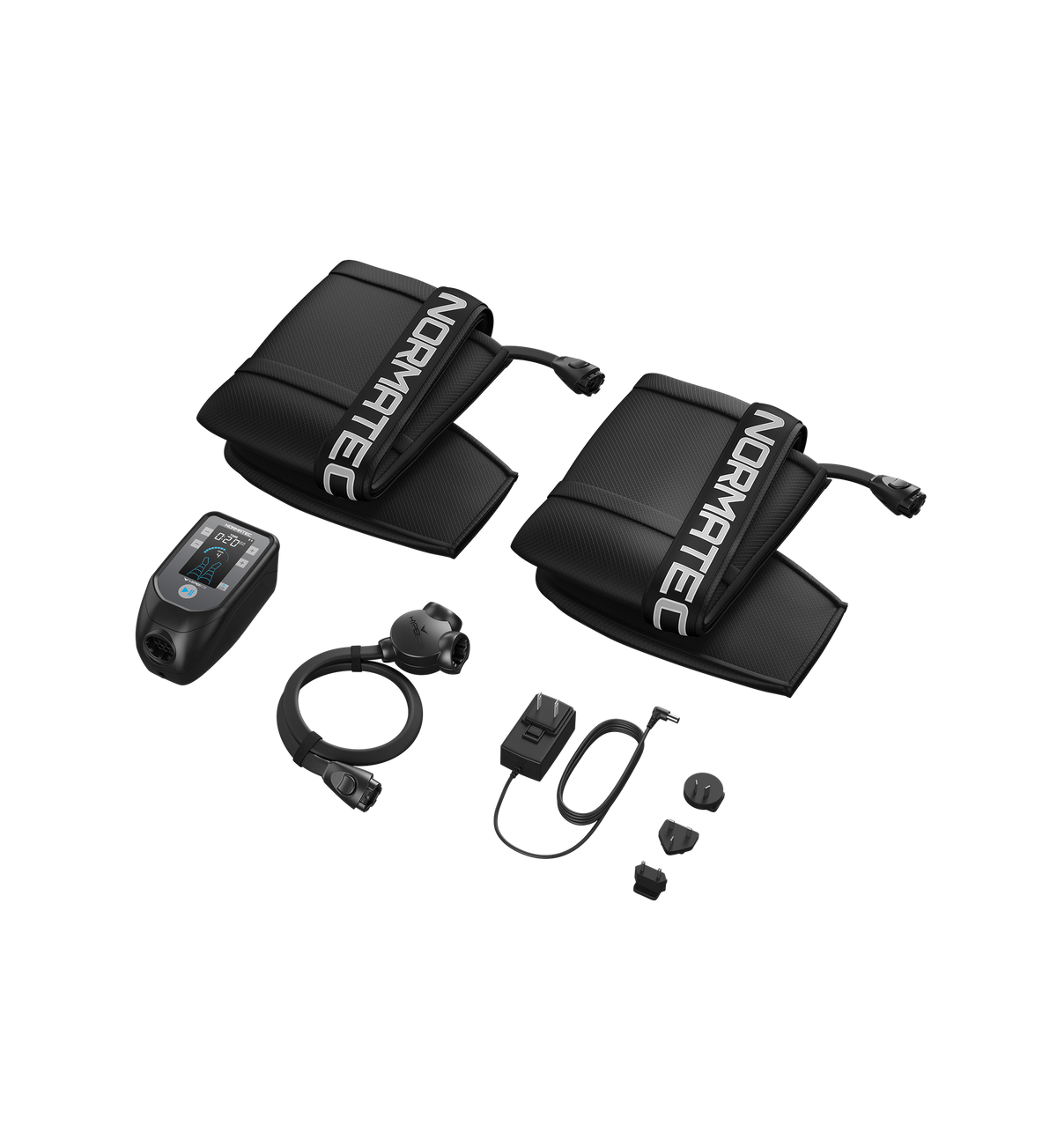 Black Normatec 2 leg device with various attachments on a white background