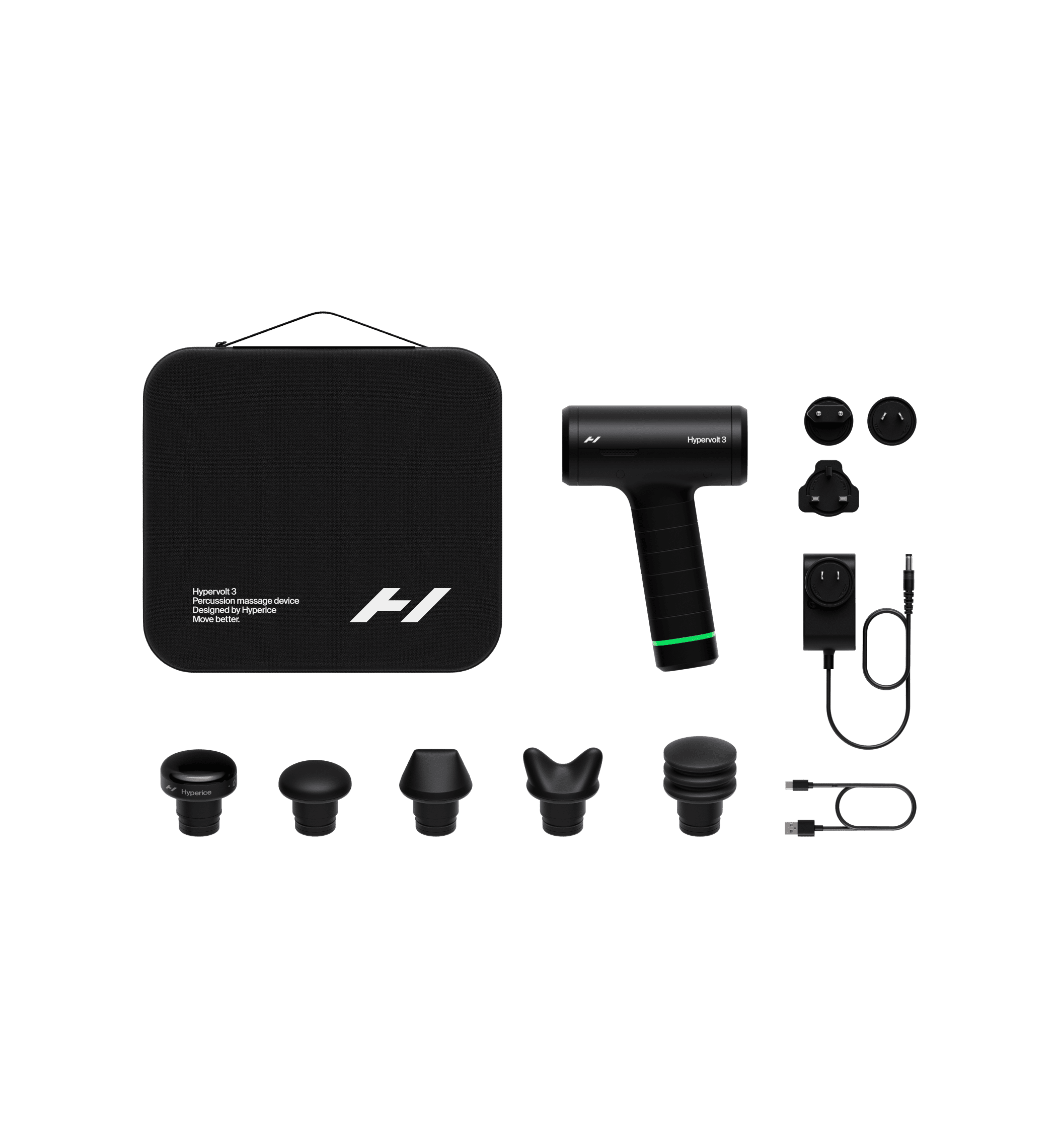 Render of a Hypervolt 3 massage device with attachments and a carrying case