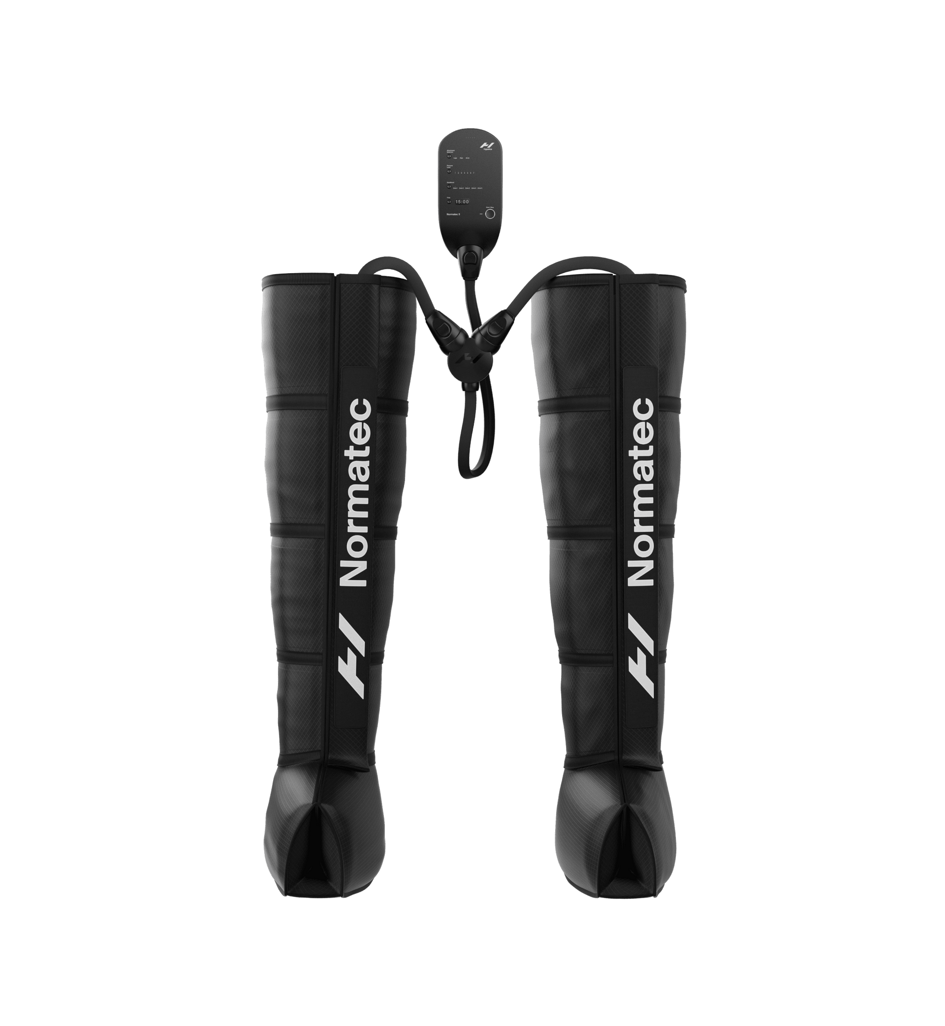 Black Normatec 3 legs compression boots on a transparent background