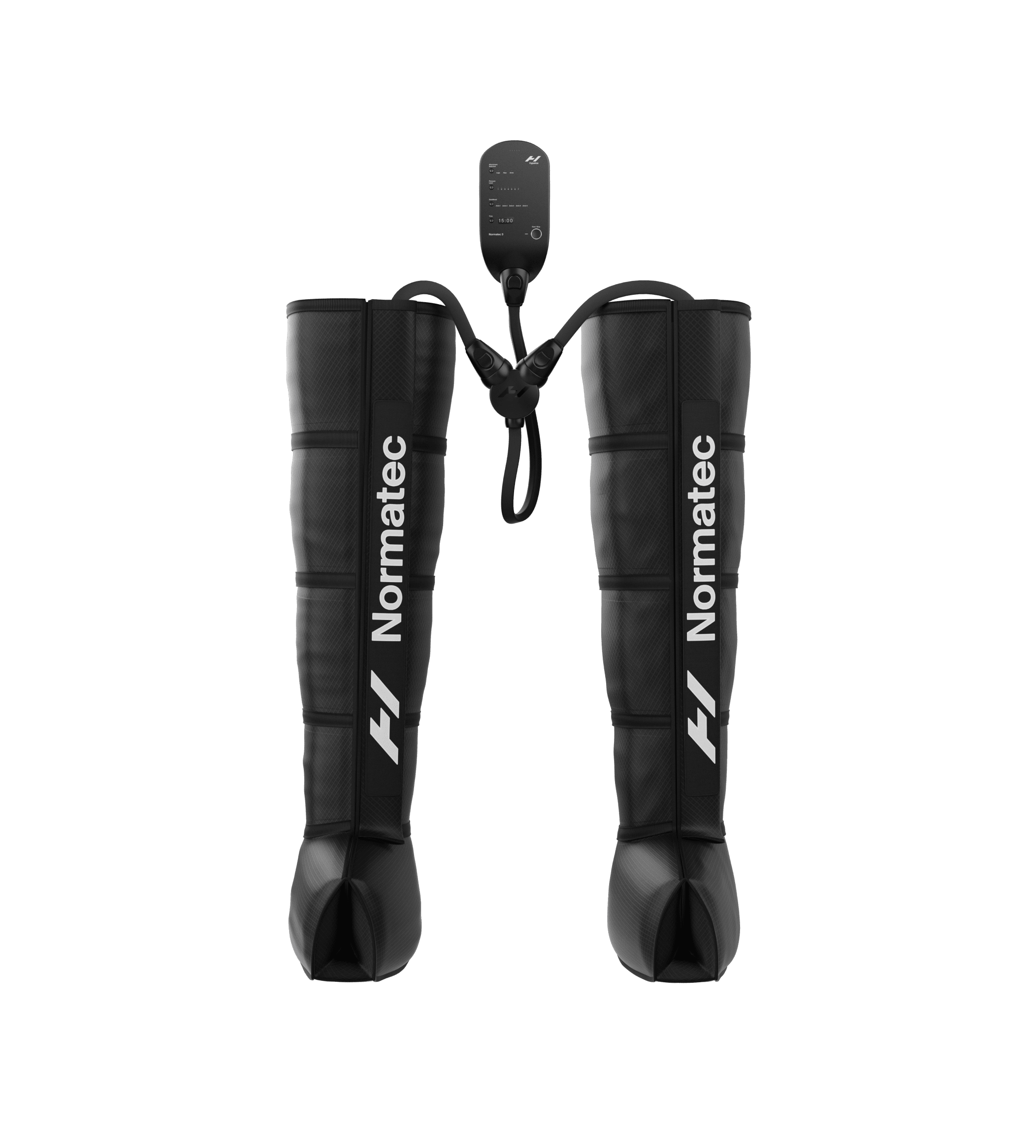 Black Normatec 3 legs compression boots on a transparent background