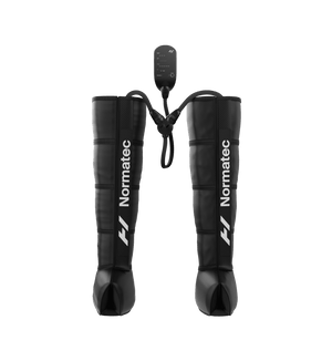 Black Normatec 3 legs compression boots on a transparent background